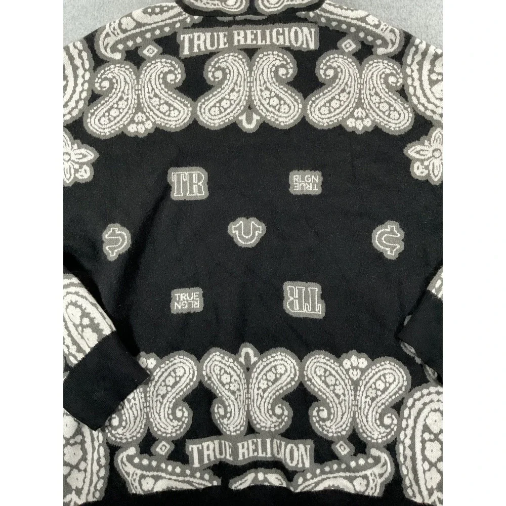 True Religion Mens Knitted Bandana Hoodie Black White Paisley Logo Sweater M 938